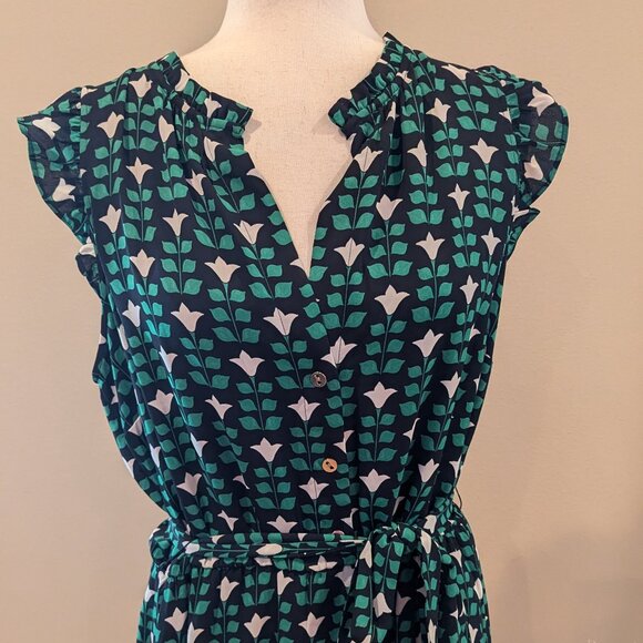 Ann Taylor Floral Tile Ruffle Belted Flare Dress - Picture 6 of 9